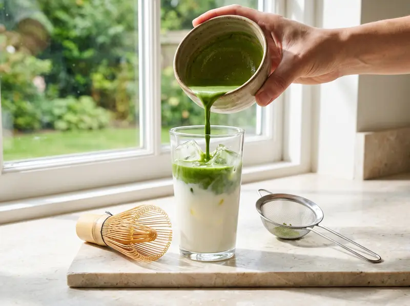 Iced matcha latte: whisked matcha poured over a tall glass of ice and cold milk, a green layer over the white