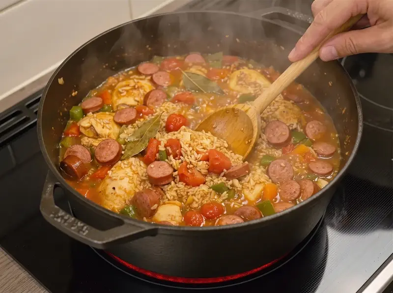 Rice, tomatoes and broth simmering with Creole seasoning for jambalaya