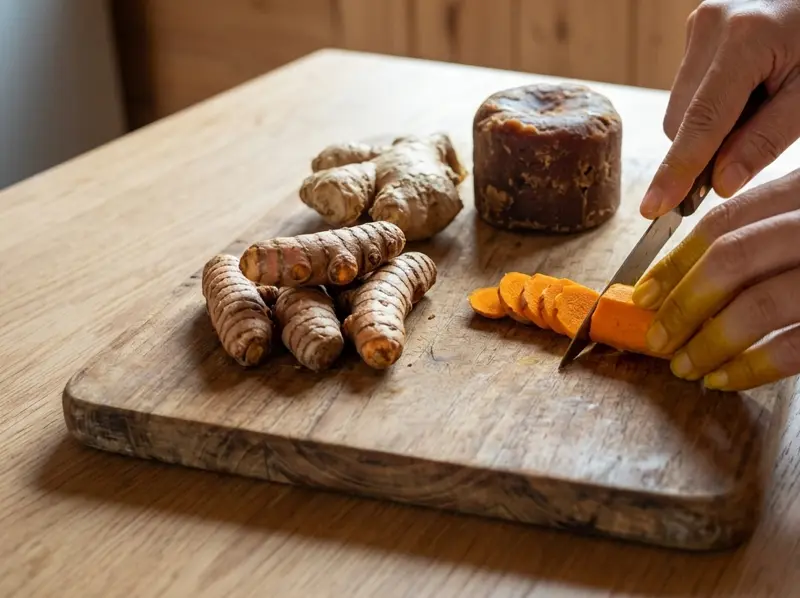 Radice di curcuma fresca sbucciata a fette sottili su un tagliere, con zenzero e un panetto di zucchero di palma, per il jamu