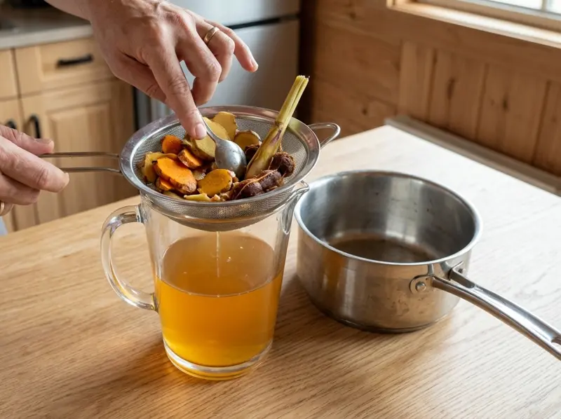 Jamu in caraffa di vetro: curcuma, zenzero, citronella e tamarindo premuti col cucchiaio nel colino, casseruola accanto
