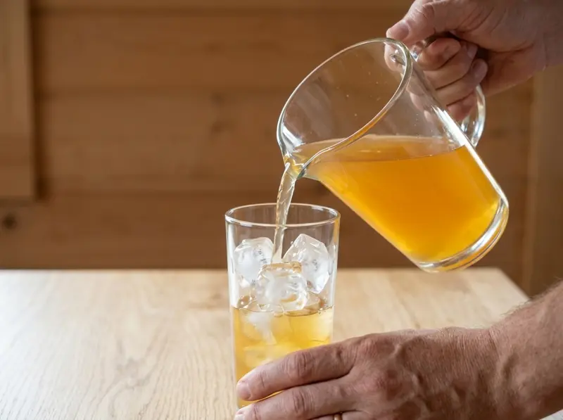 Jamu dorato-arancio versato da una caraffa di vetro in un bicchiere con ghiaccio