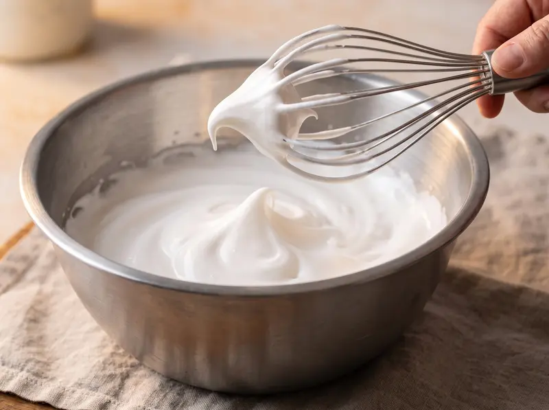 Meringue du cheesecake japonais : le fouet soulevé montre un bec mou qui retombe à la pointe