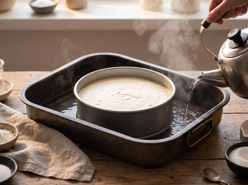 Appareil du cheesecake japonais dans un moule posé dans un plat, la bouilloire verse l'eau chaude
