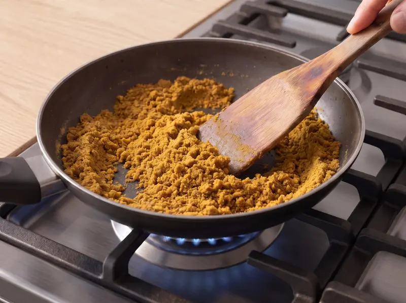 Japanese curry roux: toasted flour with curry powder stirred with a wooden spatula in a small pan on the stove