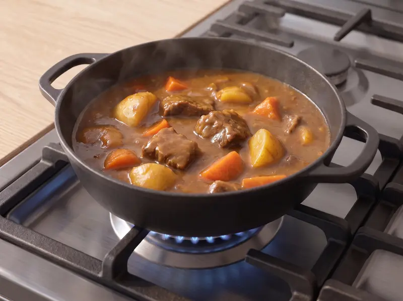 Japanese curry with beef, potato and carrot simmering thick and glossy in a black cast-iron pot on a gas stove