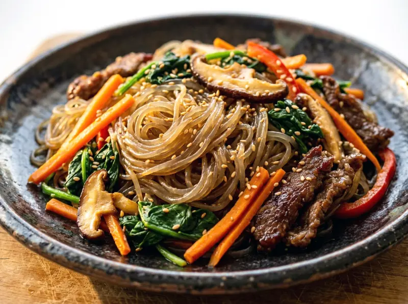 Japchae (Korean Glass Noodle Stir-Fry) with dangmyeon, soy sauce and sesame oil — Korea recipe