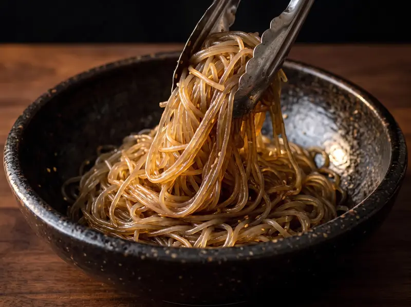 Noodles di vetro bolliti per japchae, traslucidi e lucidi di soia e sesamo, una pinza solleva una matassa dalla ciotola