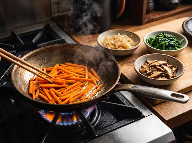 Carote a julienne saltate in padella d'acciaio su fornello a gas per japchae, accanto ciotole di cipolla, spinaci e shiitake