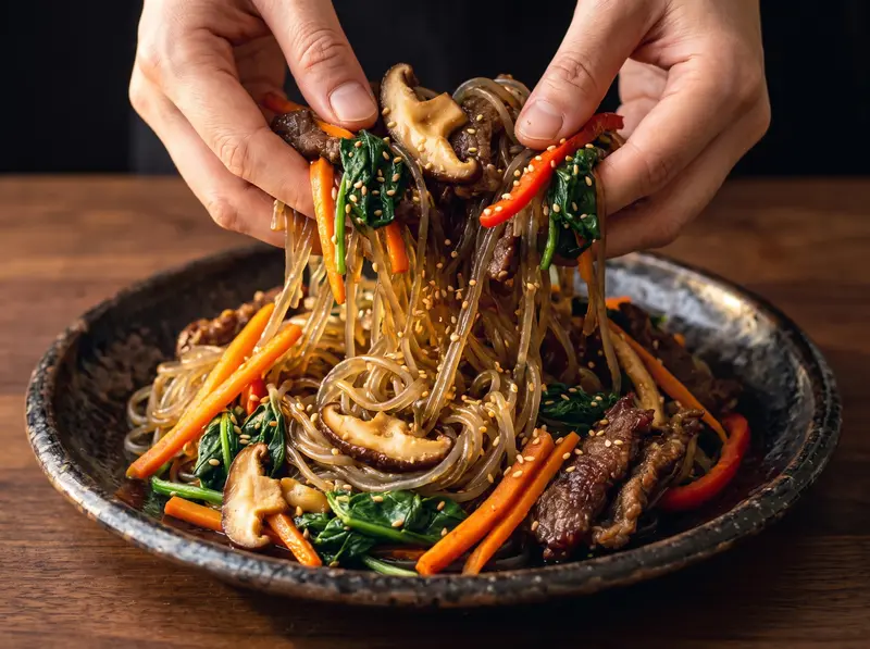 Le mani mescolano il japchae in una ciotola larga: noodles, manzo, carota, spinaci e shiitake con sesamo