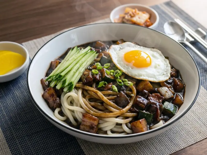 Jjajangmyeon (Korean Black Bean Noodles with Pork and Vegetables)