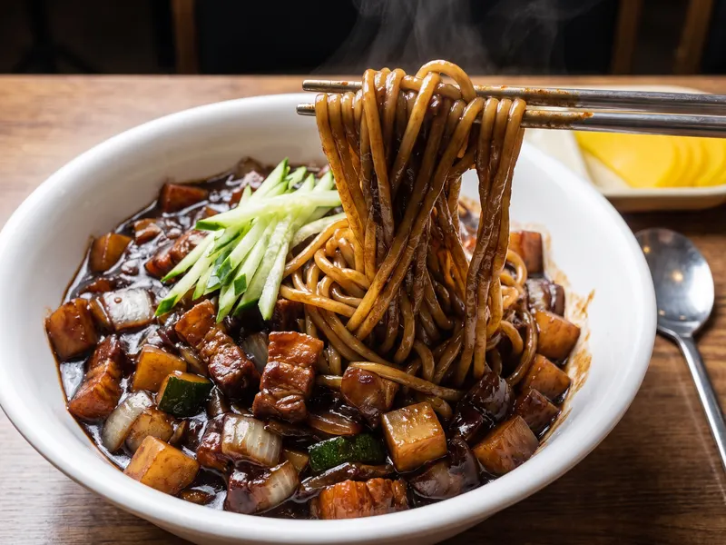 Jjajangmyeon — Spaghetti Coreani in Salsa Nera di Soia con Maiale e Verdure — Primi piatti di cereali e pasta · Corea