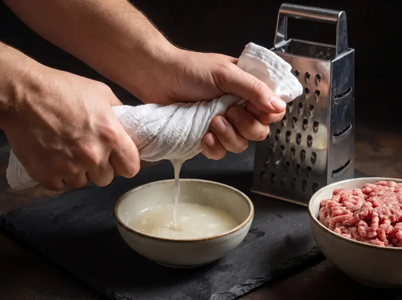 Geriebene Zwiebel wird im Küchentuch über einer Schüssel für Kofta ausgedrückt