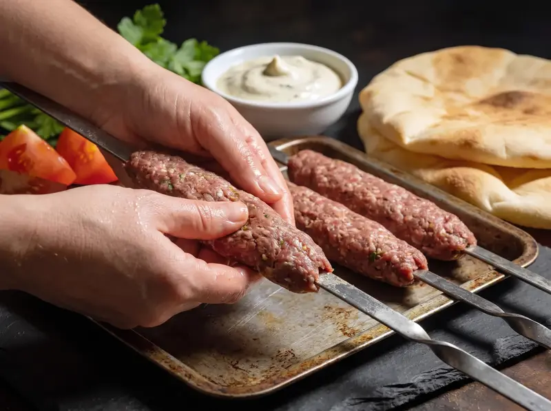 Kofta-Masse wird von Hand um einen flachen Metallspieß gedrückt