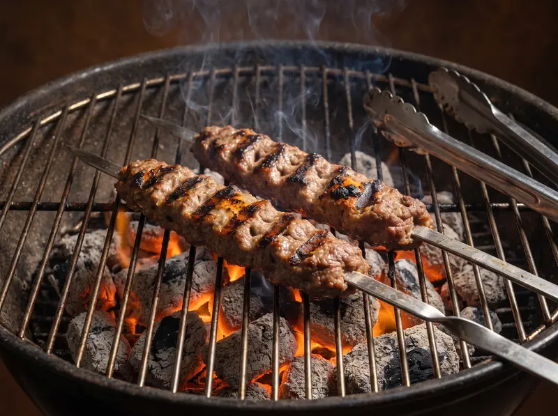 Kofta-Spieße über glühender Kohle mit dunklen Röstspuren