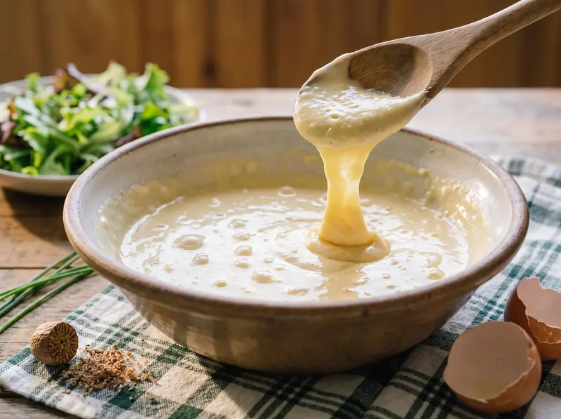Thick glossy spätzle batter falls in a ribbon from the wooden spoon, its surface pocked with air blisters