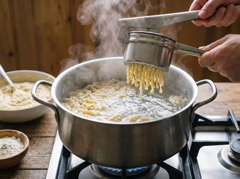 Spätzle batter is pressed through a spätzle press into boiling salted water, cooked noodles already floating