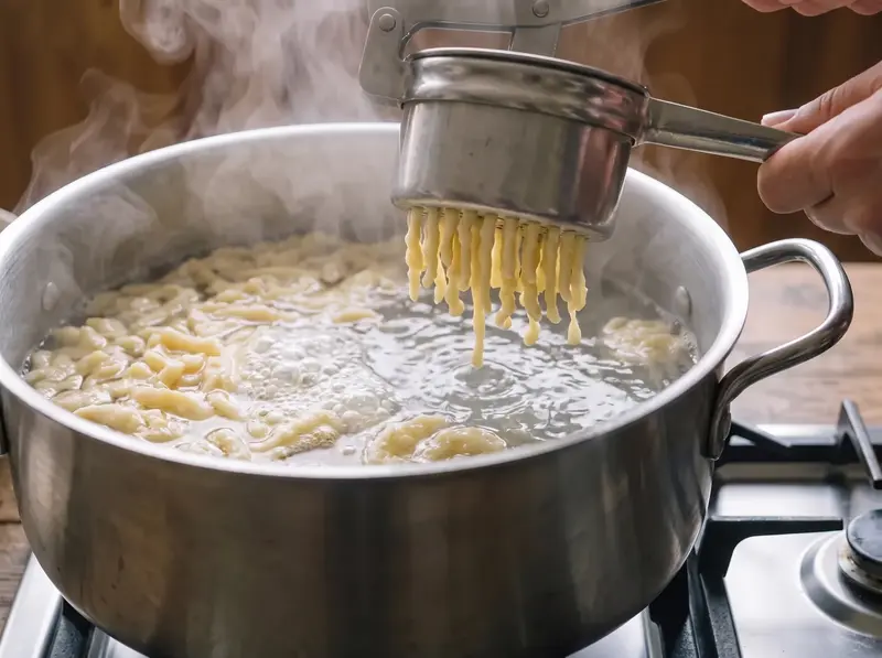 L'impasto passa dallo schiacciaspätzle nell'acqua salata bollente, gli gnocchetti già cotti galleggiano