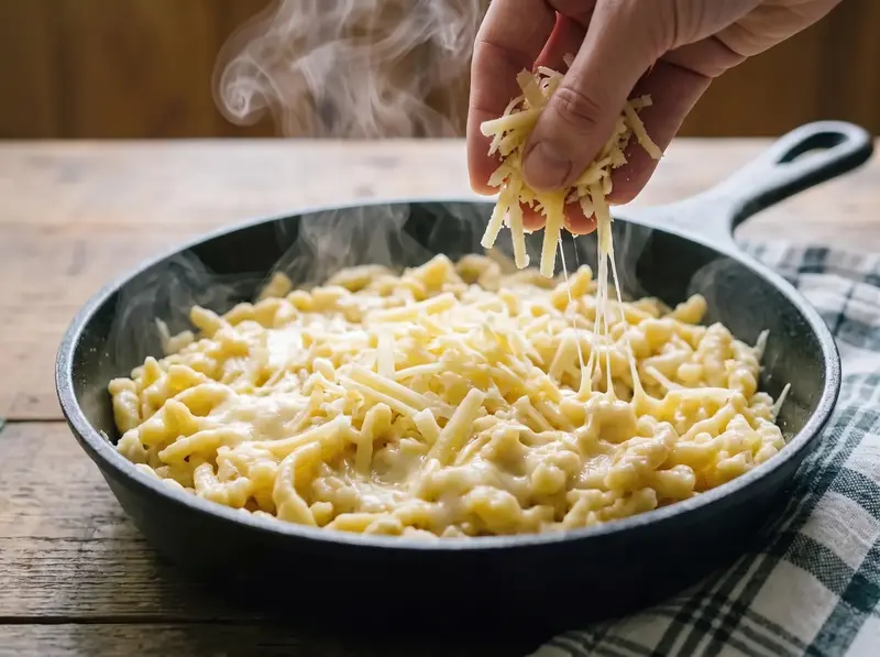 A handful of grated Emmental and Gruyère is scattered over hot spätzle in the cast-iron pan, cheese already stringing
