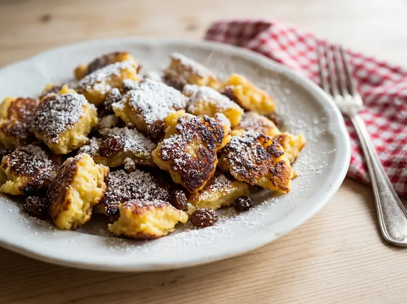 Kaiserschmarrn (österreichischer zerrissener Pfannkuchen mit Rosinen) — Süßspeisen · Österreich