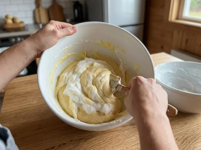 Kaiserschmarrn-Teig: Eischnee wird mit dem Gummispatel unter den Eigelbteig gehoben, in einer großen weißen Schüssel