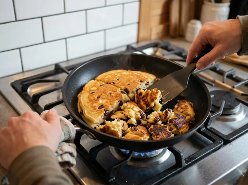 Kaiserschmarrn: goldene Pfannkuchenviertel werden in der beschichteten Pfanne auf Gas zerrissen, Rosinen sichtbar