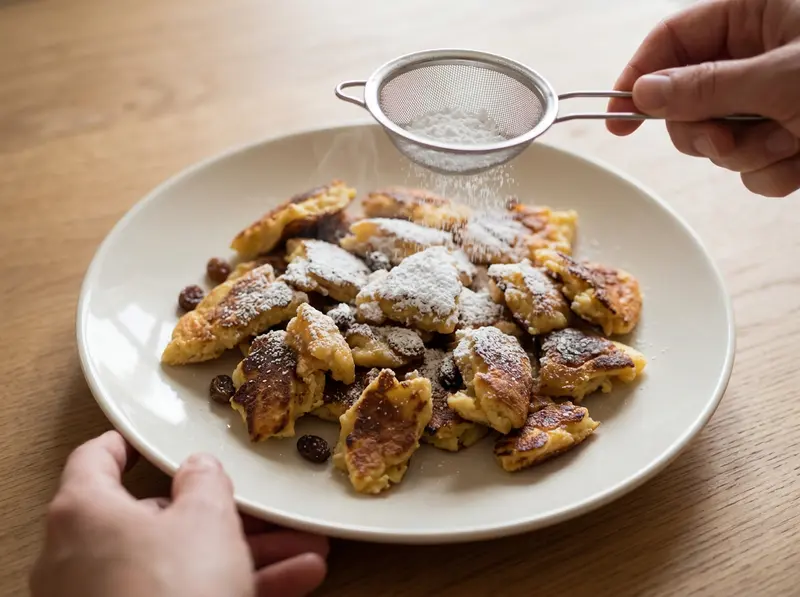 Kaiserschmarrn: Puderzucker wird mit einem kleinen Sieb über zerrissene Pfannkuchenstücke auf einem weißen Teller gestäubt