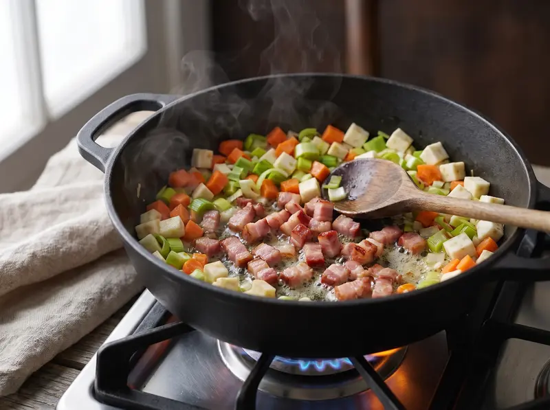 Diced bacon rendering with carrot, leek and celery root in a pot on the burner for Kartoffelsuppe
