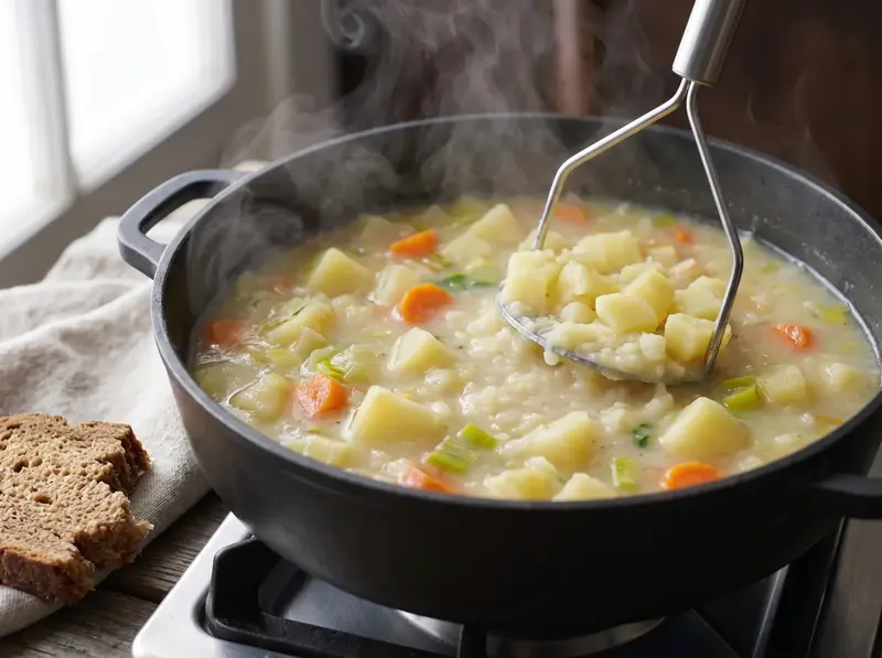 A masher crushing part of the potatoes against the pot wall to thicken Kartoffelsuppe