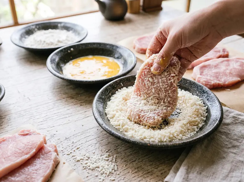 Katsudon prep: a pork loin cutlet pressed into panko beside dishes of flour and beaten egg, raw cutlets waiting