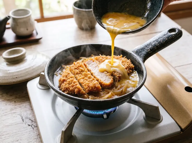 Katsudon on the stove: beaten egg poured over crisp pork cutlet strips and onion in a small pan of dashi broth