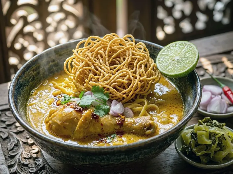 Khao Soi (Northern Thai Coconut Curry Noodle Soup) with egg noodles, coconut milk and chicken — Thailand recipe