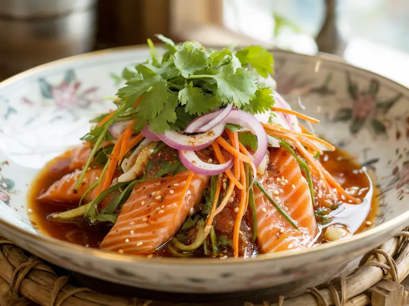 Khe (Korean Marinated Fish) with salmon, vinegar and garlic — Korea recipe