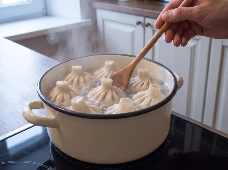 Khinkali che bollono in un vortice di acqua salata, con la pasta traslucida