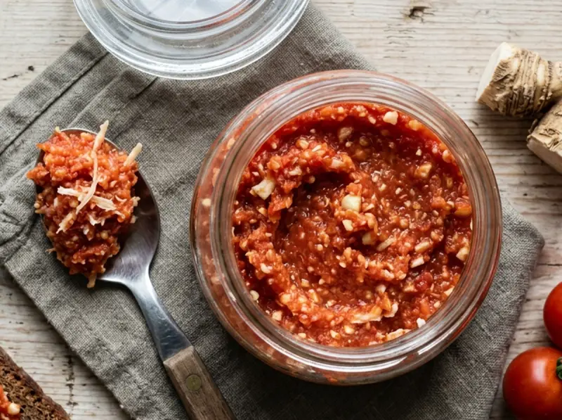 Khrenovina with tomatoes, horseradish root and hot pepper — Russia recipe