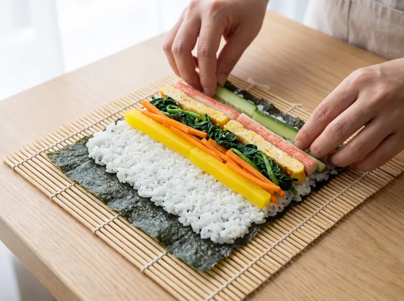 キンパ:のりの上のご飯に、たくあん、にんじん、ほうれん草、卵、かに風味かまぼこ、きゅうりを一列に並べる