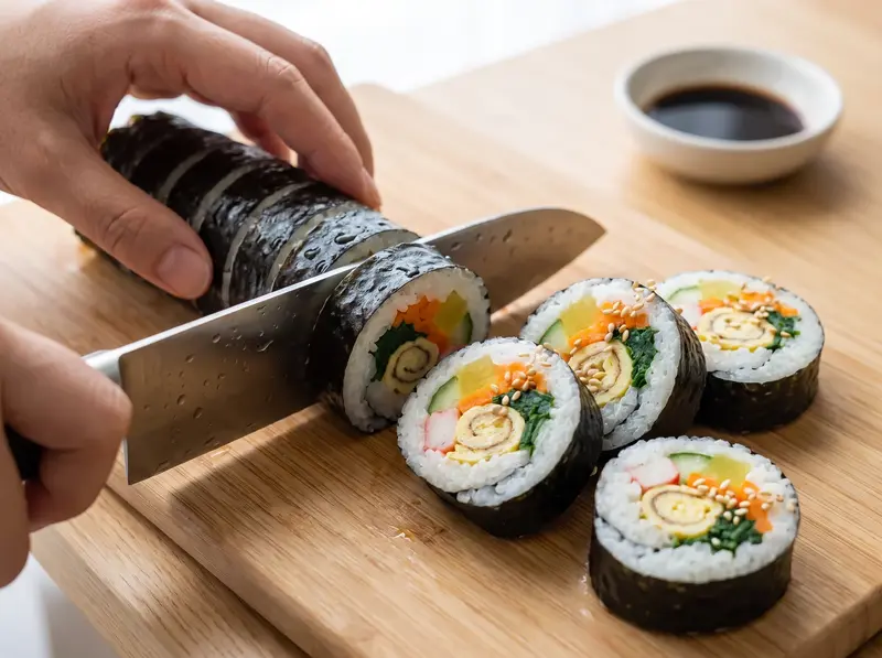 Kimbap sliced: a finished roll cut into rounds with a wet knife, the spiral of rice, nori and fillings on show