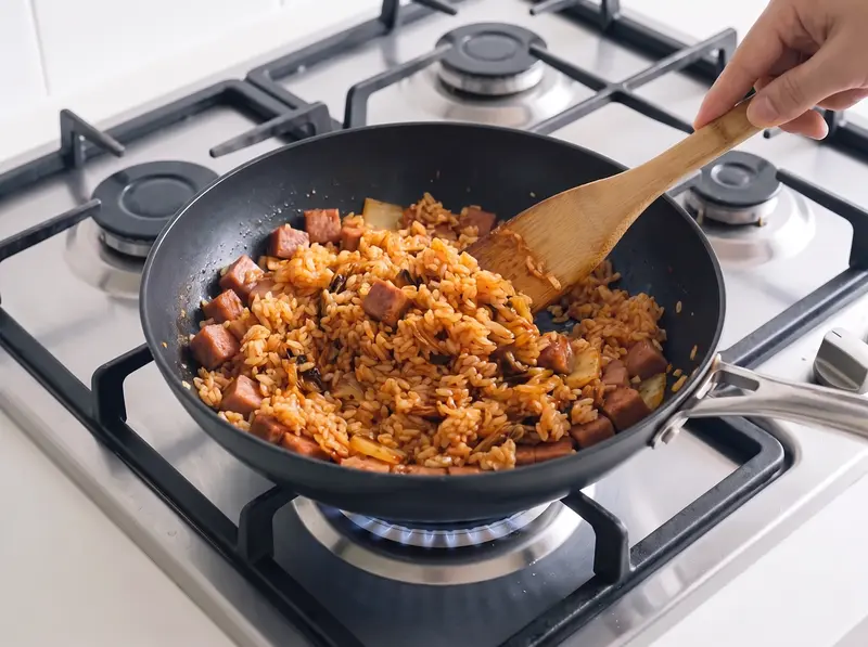 キムチチャーハン:冷やご飯を加えてヘラでほぐしながら炒め、米がオレンジ色に染まる