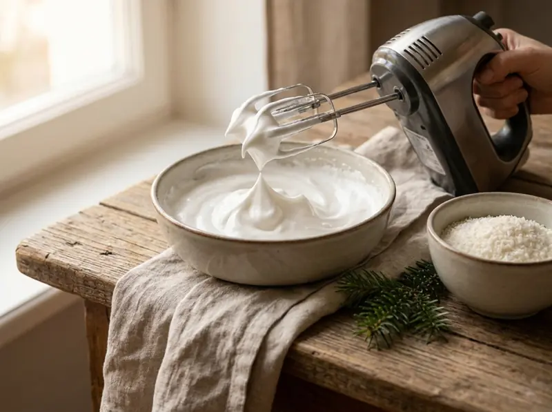 Stiff glossy meringue standing in a peak on the mixer beaters for Kokosmakronen