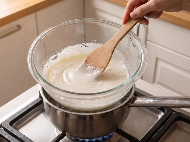 Warming coconut macaroon mixture in a glass bowl over a pan of simmering water on the stove