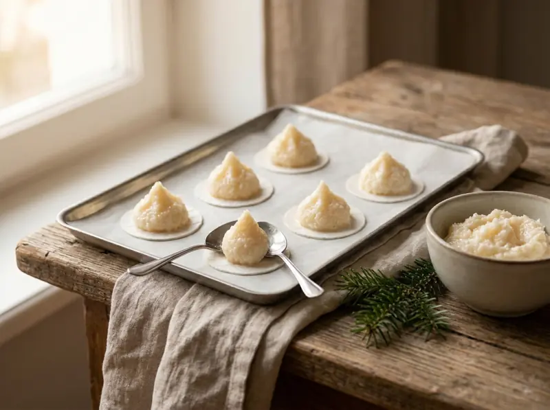 Shaping pointed mounds of coconut macaroon mixture on Oblaten wafers with two teaspoons
