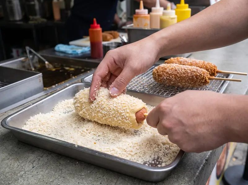 韓国風チーズドッグ:衣をつけた串をパン粉の上で転がし、全体に押しつけてまぶす