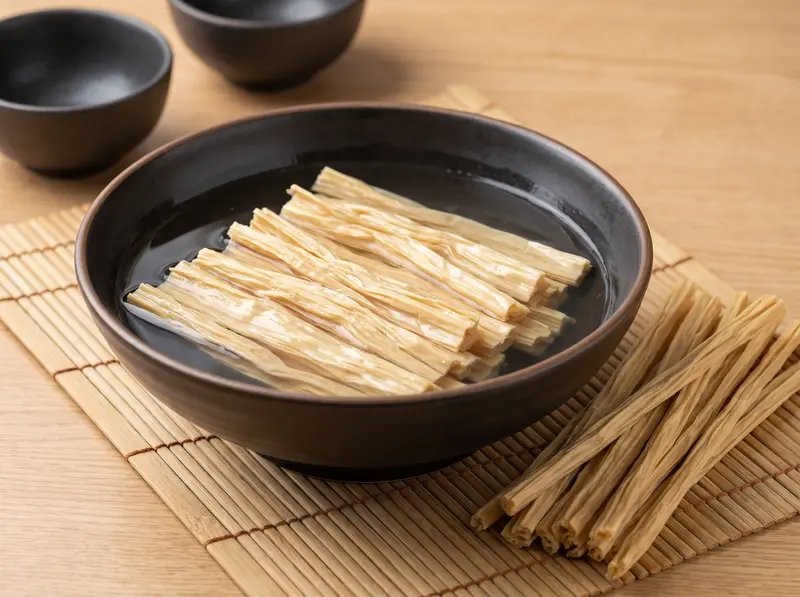 Dried soy asparagus sticks soaking in a bowl of cold water