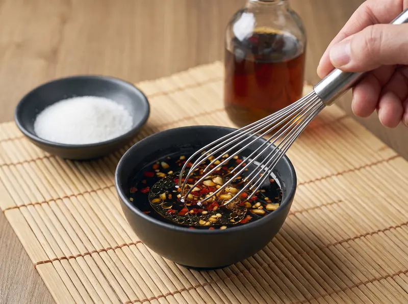 Soy sauce, vinegar, garlic and chili flakes whisked into Korean marinade