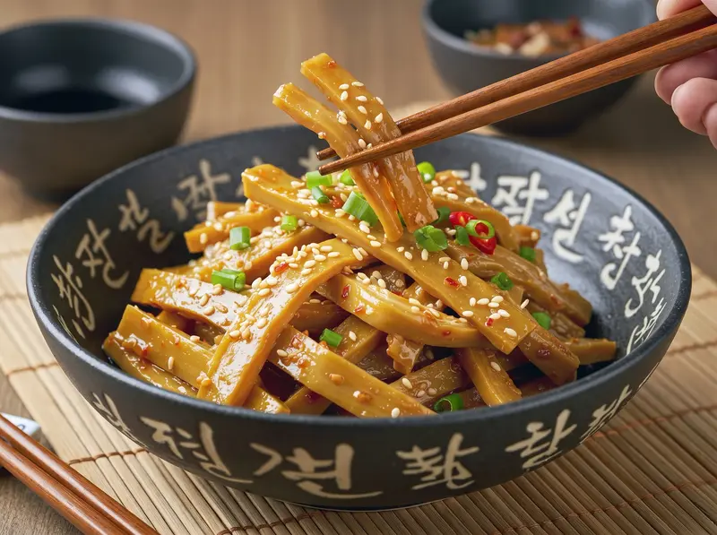 Marinated soy asparagus tossed with sesame seeds and green onion