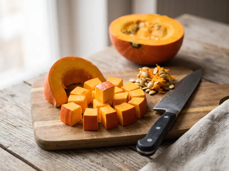 Hokkaido pumpkin cut into cubes with the orange skin left on, the scraped seeds and a knife beside