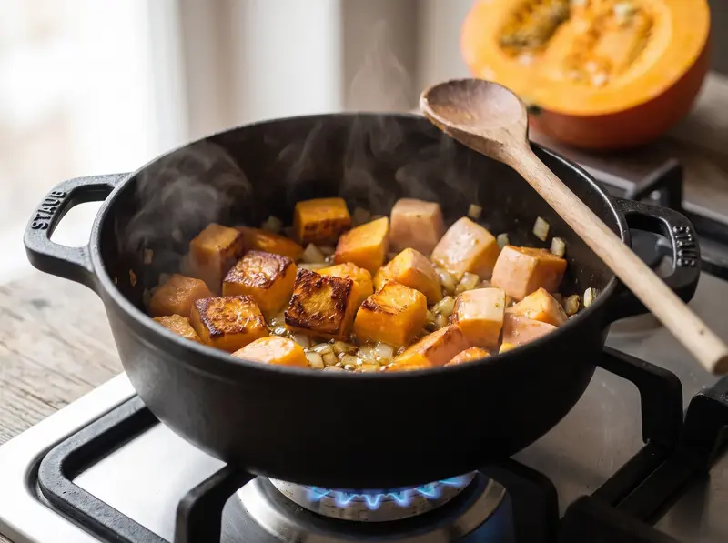 Unpeeled Hokkaido pumpkin cubes browning in butter in a pot on the burner for Kürbissuppe