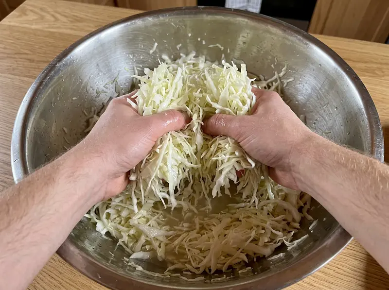 Zwei Hände kneten gesalzenen, geraspelten Weißkohl in einer Stahlschüssel für russisches Sauerkraut, der Saft sammelt sich