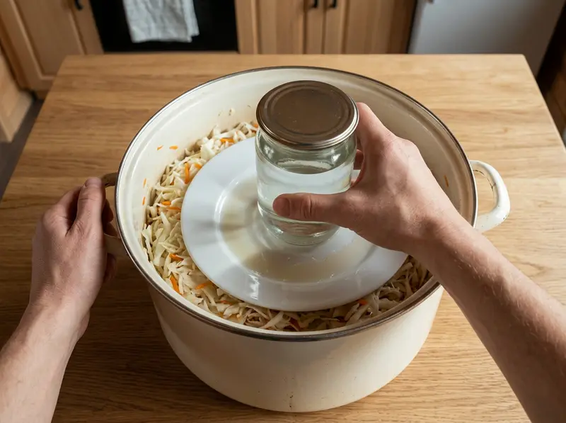 Russisches Sauerkraut im Emailletopf unter weißem Teller, eine Hand stellt ein Glas mit Wasser als Gewicht darauf
