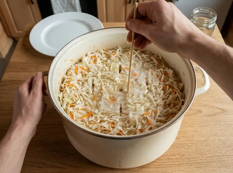Eine Hand sticht einen Holzspieß in gärendes russisches Sauerkraut im Emailletopf, auf der Lake steht Schaum