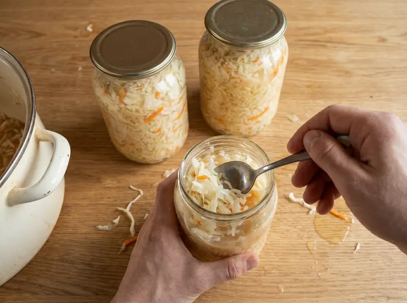 Eine Hand drückt fertiges russisches Sauerkraut mit einem Löffel in ein Glas, dahinter zwei volle Gläser mit Deckel